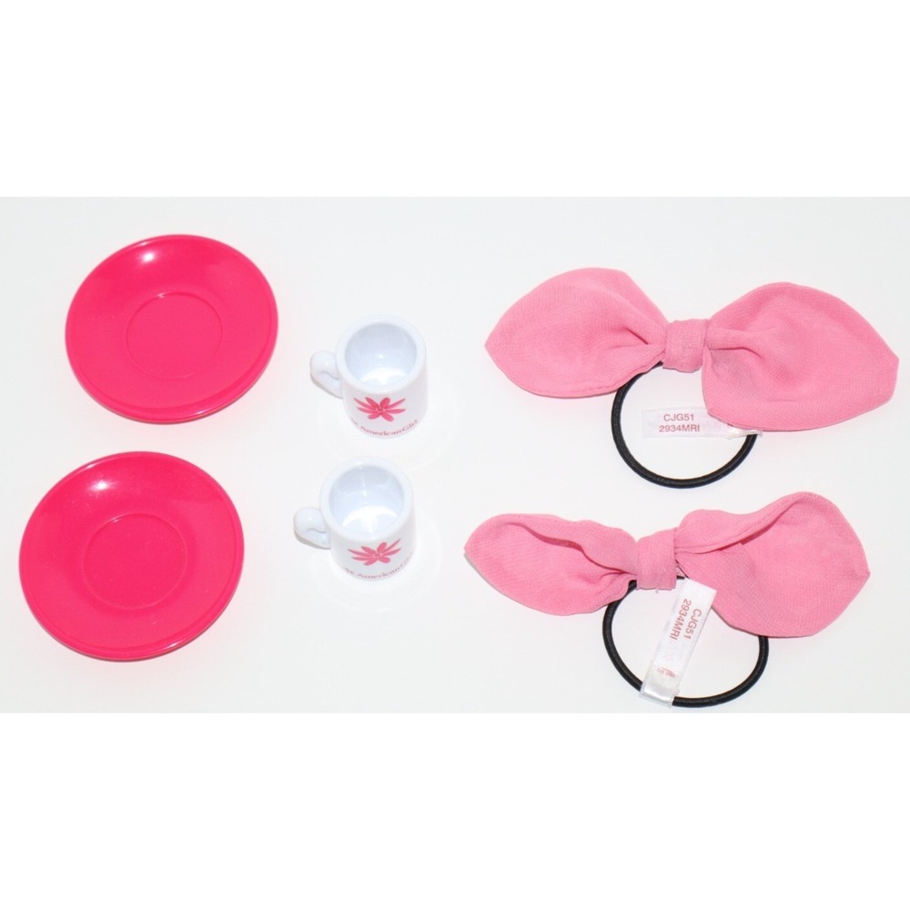 American Girl Doll Cafe Store Exclusive Pink Set of Plates Hair Bows & Mugs